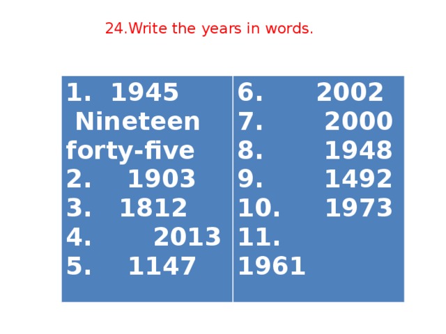 24.Write the years in words. 1.  1945 Nineteen forty-five  1903 6. 2002 7. 2000 3.  1812  4. 2013  8. 1948 9. 1492 5.  1147 10. 1973 11. 1961