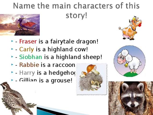 - Fraser  is a  fairytale dragon! - Carly is a highland cow! - Siobhan is a highland sheep! - Rabbie is a raccoon! - Harry is a hedgehog! - Gillian is a grouse!