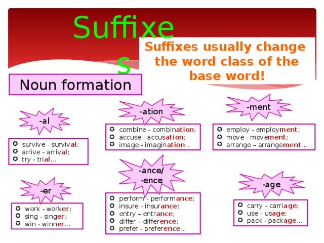 Suffixes Suffixes usually change the word class of the base word! Noun formation -ment -ation -al combine - combin ation ; accuse - accus ation ; image - imagin ation ... employ - employ ment ; move - move ment ; arrange – arrange ment ... survive - surviv al ; arrive - arriv al ; try - tri al ... -ance/ -ence -age -er