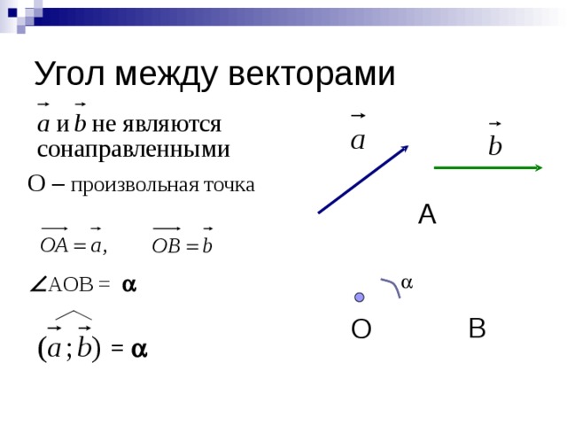 Угол между векторами О – произвольная точка А  АОВ =    В О =  3