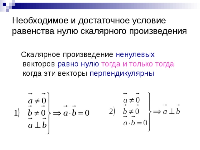 Необходимое и достаточное условие равенства нулю скалярного произведения Скалярное произведение ненулевых векторов равно нулю тогда и только тогда когда эти векторы перпендикулярны