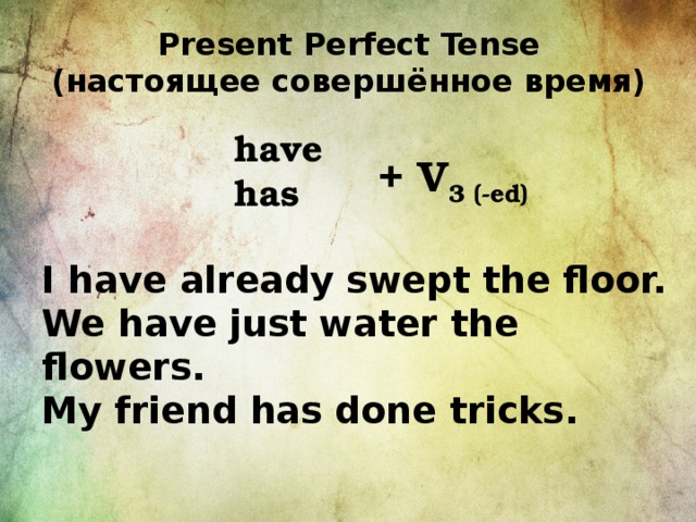 Present Perfect Tense  (настоящее совершённое время)   have has  I have already swept the floor. We have just water the flowers. My friend has done tricks. + V 3 (-ed)