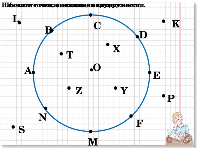 Назовите точки, лежащие на круге: Назовите точки, лежащие на окружности. Назовите точки, не лежащие на окружности. L K С В D X T О А E Y Z P N F S M 3