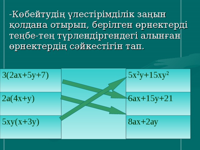 -Көбейтудің үлестірімділік заңын қолдана отырып, берілген өрнектерді теңбе-тең түрлендіргендегі алынған өрнектердің сәйкестігін тап. 3(2ах+5у+7) 2а(4х+у) 5х 2 y +15ху 2 5ху(х+3у) 6ах+15у+21 8ах+2ау