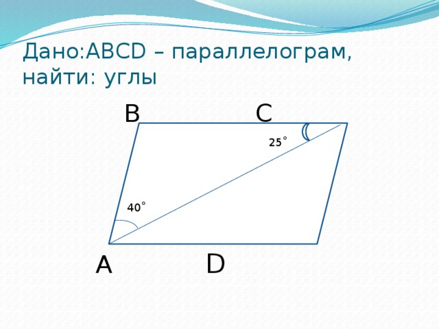 Дано:ABCD – параллелограм, найти: углы B       C 25˚ 40˚ A      D