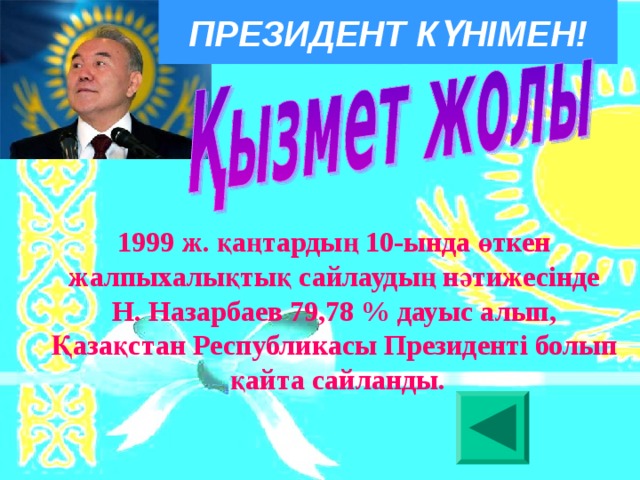 ПРЕЗИДЕНТ КҮНІМЕН! 1999 ж. қаңтардың 10-ында өткен жалпыхалықтық сайлаудың нәтижесiнде Н. Назарбаев 79,78 % дауыс алып, Қазақстан Республикасы Президенті болып қайта сайланды.