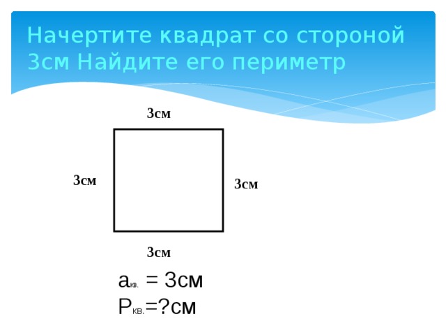 Начертите квадрат со стороной 3см Найдите его периметр  3см  3см  3см  3см а кв. = 3см  Р кв. =?см
