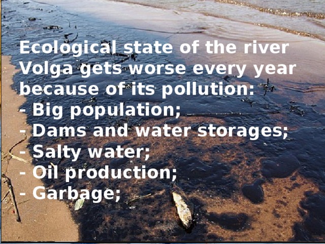 Ecological state of the river Volga gets worse every year because of its pollution:  - Big population;  - Dams and water storages;  - Salty water;  - Oil production;  - Garbage;