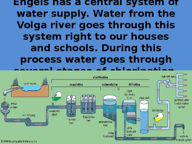 Engels has a central system of water supply. Water from the Volga river goes through this system right to our houses and schools. During this process water goes through several stages of chlorination.