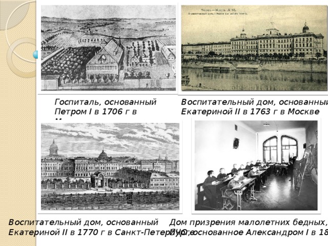 Госпиталь, основанный Петром I в 1706 г в Москве Воспитательный дом, основанный Екатериной II в 1763 г в Москве Воспитательный дом, основанный Дом призрения малолетних бедных, Екатериной II в 1770 г в Санкт-Петербурге ИЧО, основанное Александром I в 1812 г
