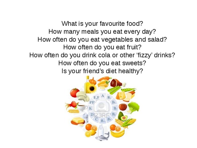 What is your favourite food? How many meals you eat every day? How often do you eat vegetables and salad? How often do you eat fruit? How often do you drink cola or other ‘fizzy’ drinks? How often do you eat sweets? Is your friend’s diet healthy?