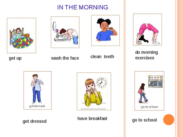 IN THE MORNING do morning exercises clean teeth get up  wash the face have breakfast go to school get dressed