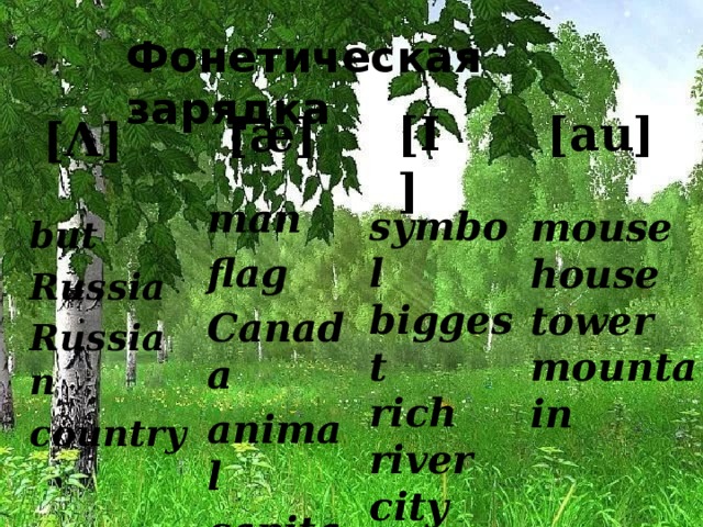 Фонетическая зарядка [Ι] [au] [æ] [Λ] symbol biggest rich river city hill mouse house tower mountain man flag Canada animal capital but Russia Russian country