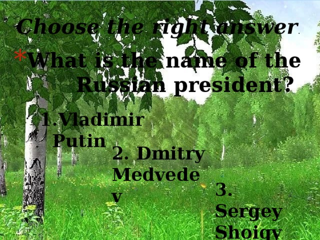 Choose the right answer . What is the name of the Russian president? 1.Vladimir Putin 2. Dmitry Medvedev 3. Sergey Shoigy