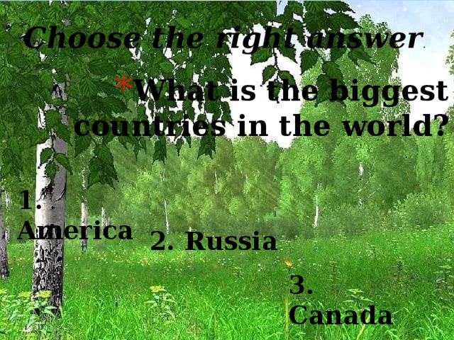 Choose the right answer . What is the biggest countries in the world? 1. America 2. Russia 3. Canada