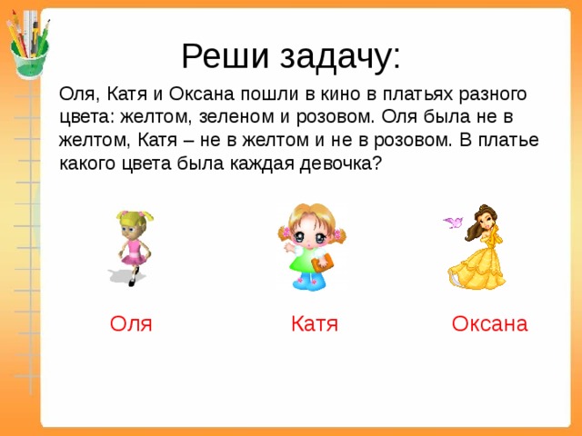 Реши задачу: Оля, Катя и Оксана пошли в кино в платьях разного цвета: желтом, зеленом и розовом. Оля была не в желтом, Катя – не в желтом и не в розовом. В платье какого цвета была каждая девочка?  Оля Катя Оксана