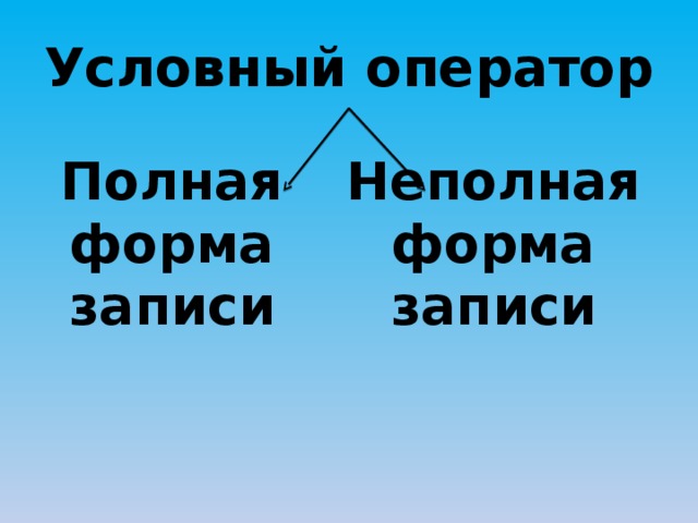 Условный оператор Полная форма Неполная форма записи записи