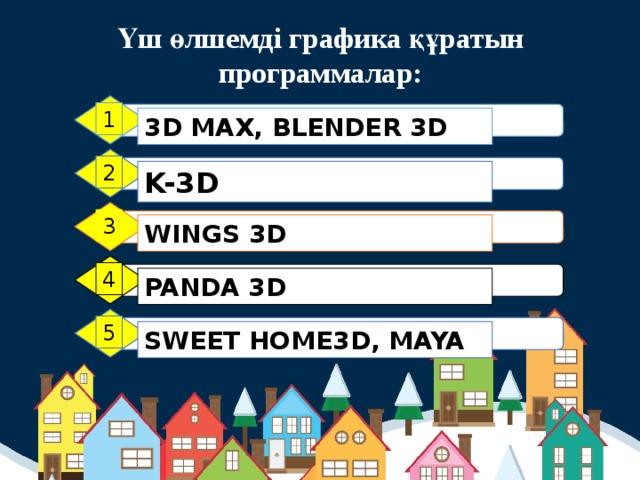 Үш өлшемді графика құратын программалар: 1 3D MAX, BLENDER 3D 2 K-3D 3 WINGS 3D 4 PANDA 3D 5 SWEET HOME3D, MAYA