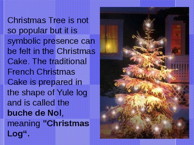 Christmas Tree is not so popular but it is symbolic presence can be felt in the Christmas Cake. The traditional French Christmas Cake is prepared in the shape of Yule log and is called the buche de Nol , meaning 