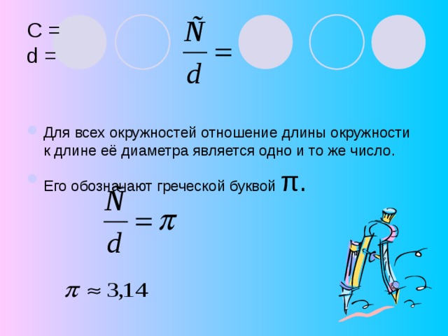 Для всех окружностей отношение длины окружности к длине её диаметра является одно и то же число. Его обозначают греческой буквой π.