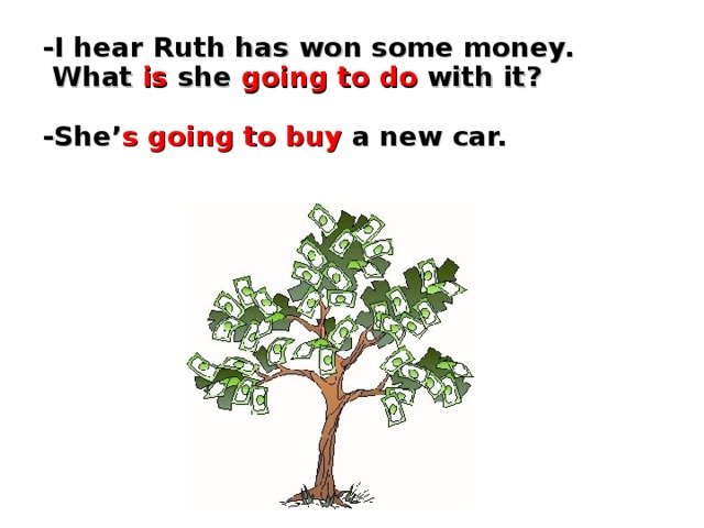 -I hear Ruth has won some money.  What is she going to do with it?   -She’ s  going to buy a new car.