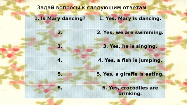 Задай вопросы к следующим ответам. 1. Is Mary dancing? 1. Yes, Mary is dancing. 2. 2. Yes, we are swimming. 3. 3. Yes, he is singing. 4. 4. Yes, a fish is jumping. 5. 5. Yes, a giraffe is eating. 6. 6. Yes, crocodiles are drinking.