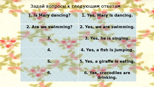 Задай вопросы к следующим ответам. 1. Is Mary dancing? 1. Yes, Mary is dancing. 2. Are we swimming? 2. Yes, we are swimming. 3. 3. Yes, he is singing. 4. 4. Yes, a fish is jumping. 5. 5. Yes, a giraffe is eating. 6. 6. Yes, crocodiles are drinking.