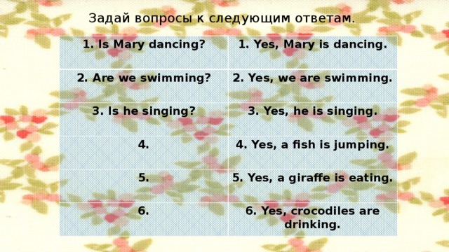 Задай вопросы к следующим ответам. 1. Is Mary dancing? 1. Yes, Mary is dancing. 2. Are we swimming? 2. Yes, we are swimming. 3. Is he singing? 3. Yes, he is singing. 4. 4. Yes, a fish is jumping. 5. 5. Yes, a giraffe is eating. 6. 6. Yes, crocodiles are drinking.