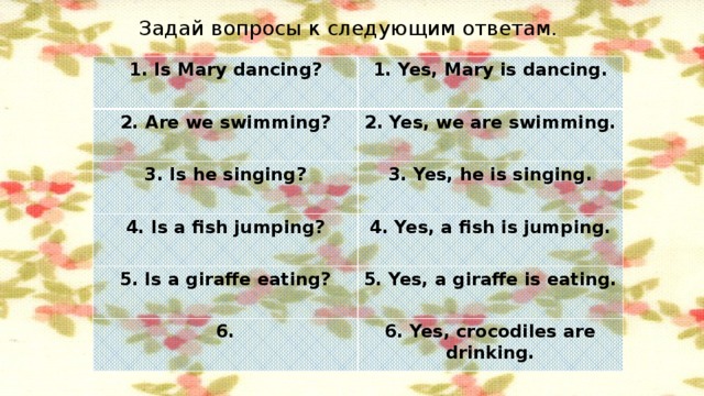 Задай вопросы к следующим ответам. 1. Is Mary dancing? 1. Yes, Mary is dancing. 2. Are we swimming? 2. Yes, we are swimming. 3. Is he singing? 3. Yes, he is singing. 4. Is a fish jumping? 4. Yes, a fish is jumping. 5. Is a giraffe eating? 5. Yes, a giraffe is eating. 6. 6. Yes, crocodiles are drinking.