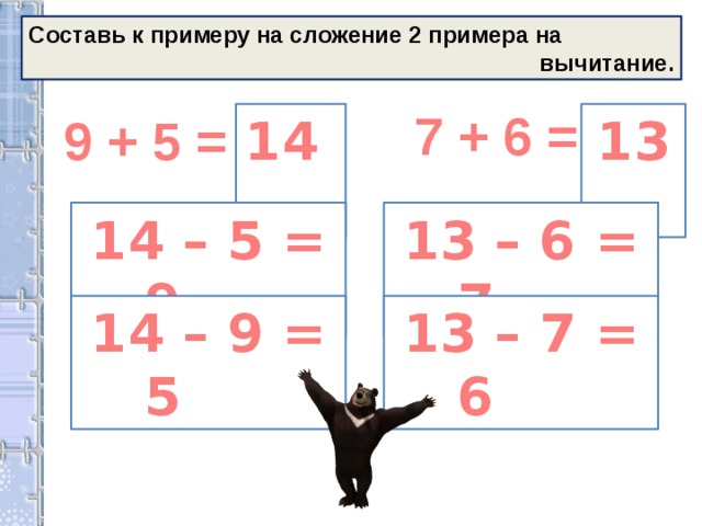 Составь к примеру на сложение 2 примера на  вычитание. 7 + 6 = 9 + 5 = 14 13 14 – 5 = 9 13 – 6 = 7 14 – 9 = 5 13 – 7 = 6