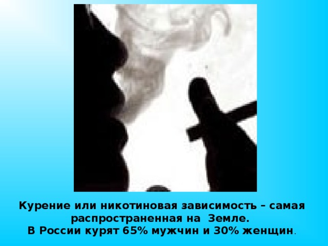 Курение или никотиновая зависимость – самая распространенная на Земле.  В России курят 65% мужчин и 30% женщин .