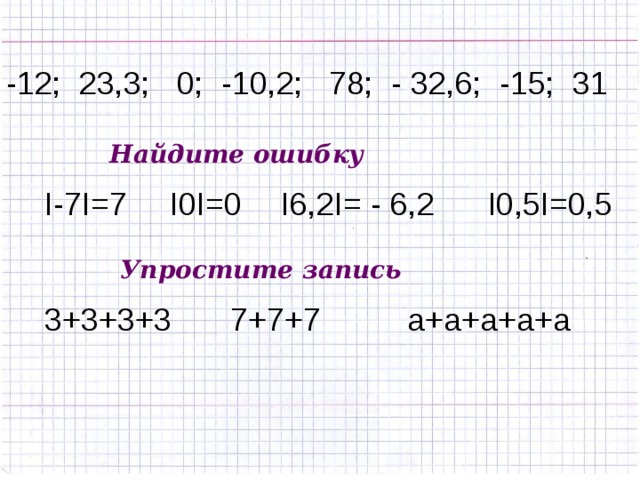 -12; 23,3; 0; -10,2; 78; - 32,6; -15; 31 Найдите ошибку I-7I=7 I0I=0 I6,2I= - 6,2 I0,5I=0,5 Упростите запись 3+3+3+3 7+7+7 а+а+а+а+а