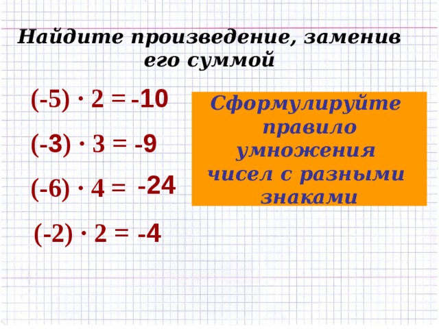 Найдите произведение, заменив его суммой (-5) · 2 = - 10 Сформулируйте правило умножения чисел с разными знаками (- 3 ) · 3 = - 9 - 24 (-6) · 4 = (-2) · 2 = - 4