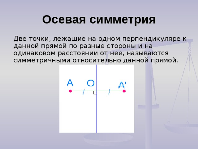 Осевая симметрия Две точки, лежащие на одном перпендикуляре к данной прямой по разные стороны и на одинаковом расстоянии от нее, называются симметричными относительно данной прямой.