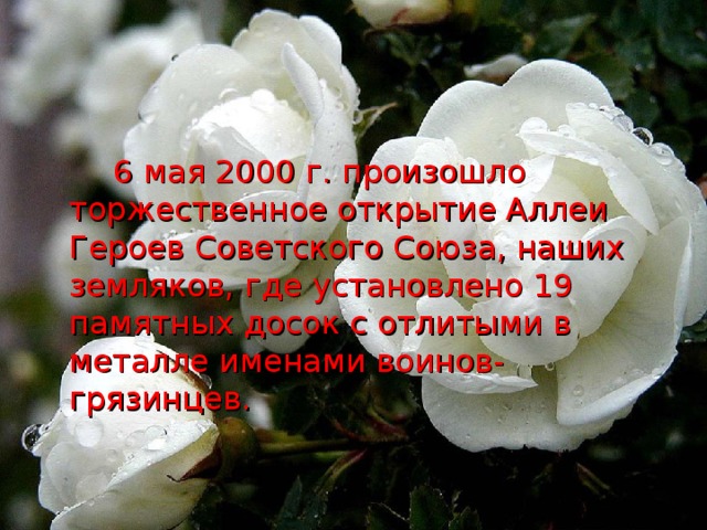 6 мая 2000 г. произошло торжественное открытие Аллеи Героев Советского Союза, наших земляков, где установлено 19 памятных досок с отлитыми в металле именами воинов-грязинцев.