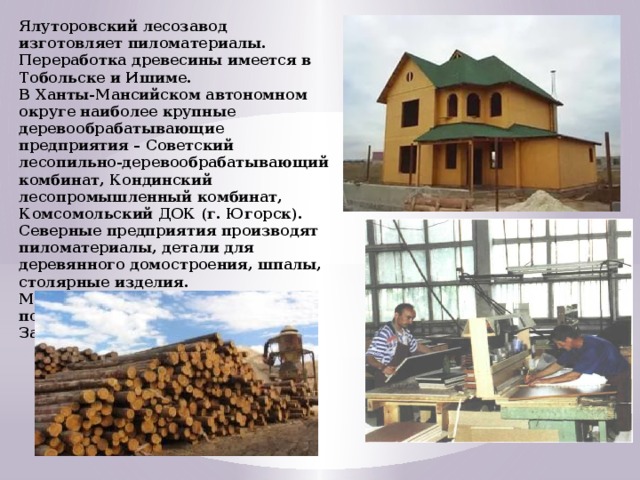 Ялуторовский лесозавод изготовляет пиломатериалы. Переработка древесины имеется в Тобольске и Ишиме. В Ханты-Мансийском автономном округе наиболее крупные деревообрабатывающие предприятия – Советский лесопильно-деревообрабатывающий комбинат, Кондинский лесопромышленный комбинат, Комсомольский ДОК (г. Югорск). Северные предприятия производят пиломатериалы, детали для деревянного домостроения, шпалы, столярные изделия. Мебельная промышленность получила развитие в Тюмени; Заводоуковске, Ишиме, Тобольске .