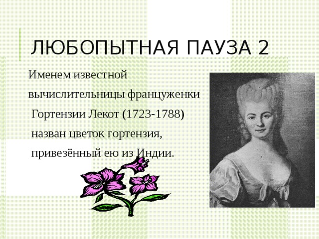 ЛЮБОПЫТНАЯ ПАУЗА 2 Именем известной вычислительницы француженки  Гортензии Лекот (1723-1788)  назван цветок гортензия,  привезённый ею из Индии.