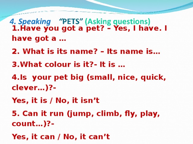 1.Have you got a pet? – Yes, I have. I have got a … 2. What is its name? – Its name is… 3.What colour is it?- It is … 4.Is your pet big (small, nice, quick, clever…)?- Yes, it is / No, it isn’t 5. Can it run (jump, climb, fly, play, count…)?- Yes, it can / No, it can’t 6.What can’t it do?- It can’t swim (sing, crawl, read, dance…)