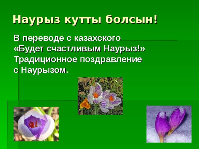 Наурыз кутты болсын!  В переводе с казахского «Будет счастливым Наурыз!» Традиционное поздравление с Наурызом.