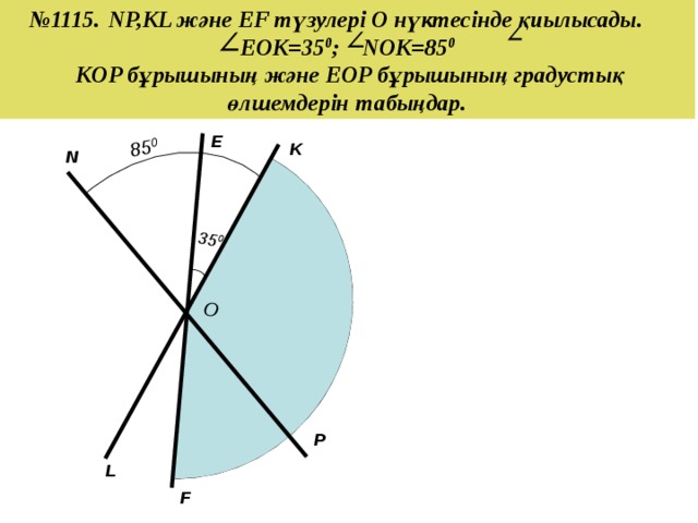№ 1115.  NP,KL және EF түзулері O нүктесінде қиылысады. EOK=35 0 ; NOK=85 0  KOP бұрышының және EOP бұрышының градустық өлшемдерін табыңдар. 35 0 85 0 О E K N P L F
