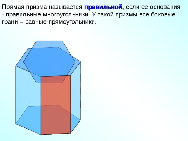 Прямая призма называется правильной , если ее основания - правильные многоугольники. У такой призмы все боковые грани – равные прямоугольники.