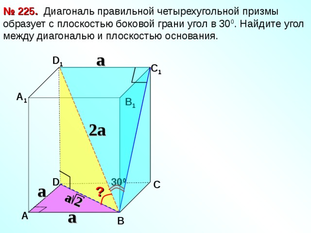 a 2 № 225.  Диагональ правильной четырехугольной призмы образует с плоскостью боковой грани угол в 30 0 . Найдите угол между диагональю и плоскостью основания. a D 1 С 1 А 1 В 1 2 a D 30 0 С a ? a А В