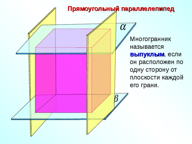 Прямоугольный параллелепипед Многогранник называется выпуклым , если он расположен по одну сторону от плоскости каждой его грани.