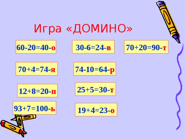 Игра «ДОМИНО» о 60-20=40- о 70+20=90- т 30-6=24- в 70+4=74- я 74-10=64- р 25+5=30- т 12+8=20- п 93+7=100- ь 19+4=23- о