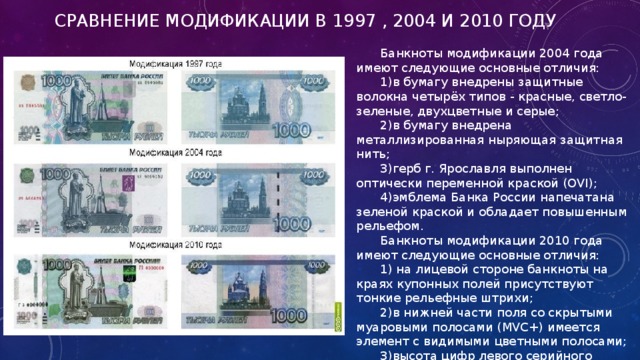 Сравнение Модификации в 1997 , 2004 и 2010 году Банкноты модификации 2004 года имеют следующие основные отличия: 1)в бумагу внедрены защитные волокна четырёх типов - красные, светло-зеленые, двухцветные и серые; 2)в бумагу внедрена металлизированная ныряющая защитная нить; 3)герб г. Ярославля выполнен оптически переменной краской (OVI); 4)эмблема Банка России напечатана зеленой краской и обладает повышенным рельефом. Банкноты модификации 2010 года имеют следующие основные отличия: 1) на лицевой стороне банкноты на краях купонных полей присутствуют тонкие рельефные штрихи; 2)в нижней части поля со скрытыми муаровыми полосами (MVC+) имеется элемент с видимыми цветными полосами; 3)высота цифр левого серийного номера плавно увеличивается слева на право; 4) на оборотной стороне многоцветная орнаментальная полоса претерпела изменение .
