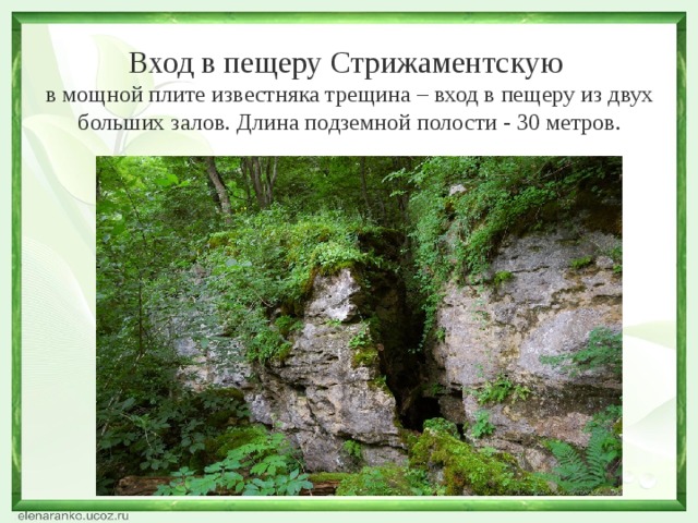 Вход в пещеру Стрижаментскую  в мощной плите известняка трещина – вход в пещеру из двух больших залов. Длина подземной полости - 30 метров.   .
