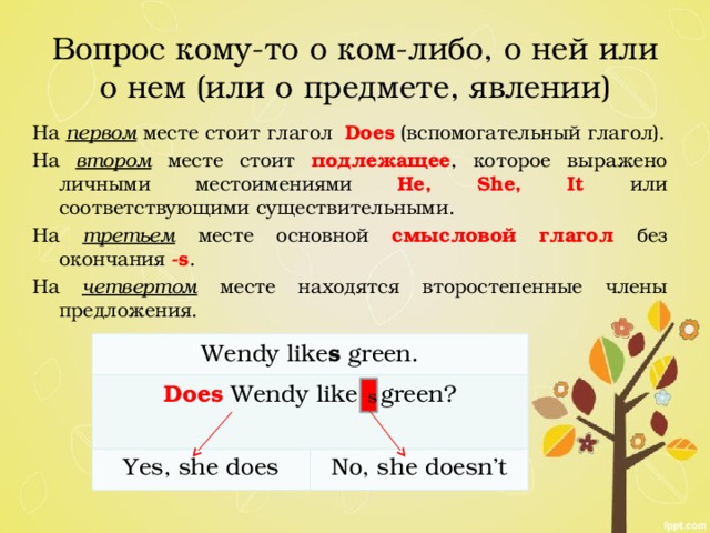 Вопрос кому-то о ком-либо, о ней или о нем (или о предмете, явлении) На первом месте стоит глагол Does  (вспомогательный глагол). На втором месте стоит подлежащее , которое выражено личными местоимениями He, She, It или соответствующими существительными. На третьем месте основной смысловой глагол без окончания -s . На четвертом месте находятся второстепенные члены предложения. Wendy like s green. Does Wendy like  green? Yes, she does No, she doesn’t s