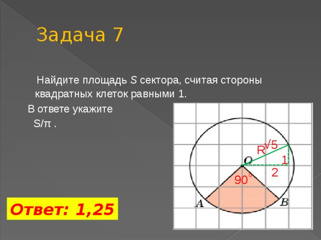 Задача 7  Найдите площадь S сектора, считая стороны квадратных клеток равными 1.  В ответе укажите  S/π . √ 5 R 1 2 90˚ Ответ: 1,25