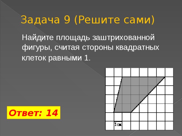 Задача 9 (Решите сами) Найдите площадь заштрихованной фигуры, считая стороны квадратных клеток равными 1.  Ответ: 14