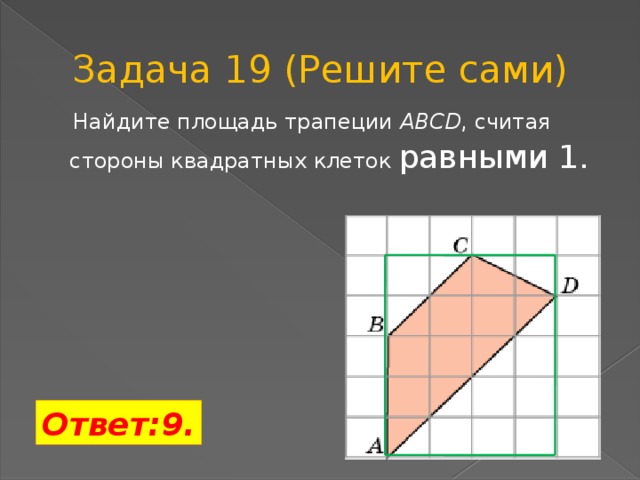 Задача 19 (Решите сами)  Найдите площадь трапеции ABCD , считая стороны квадратных клеток равными 1. Ответ:9.